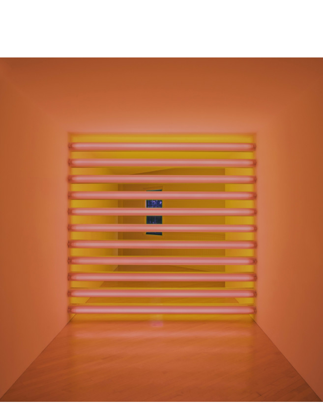 Bright orange room with horizontal pink and yellow light strips on the far wall. Blue rectangle visible through the light gaps.